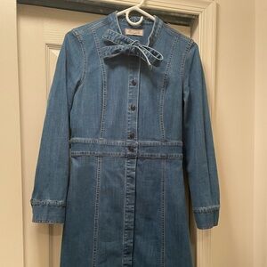 Madewell Blue Denim Long Dress with Collared Bow